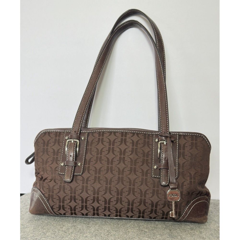 Fossil Modern Vintage Canvas Dark Brown Purse Double Handle - Picture 3 of 9